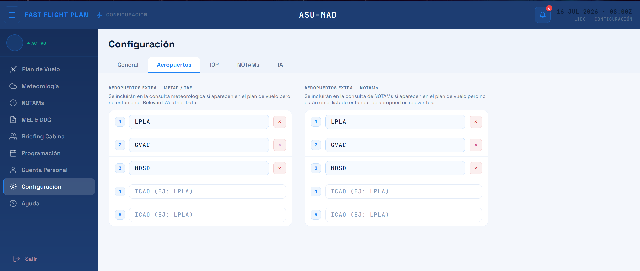 Configuración aeropuertos